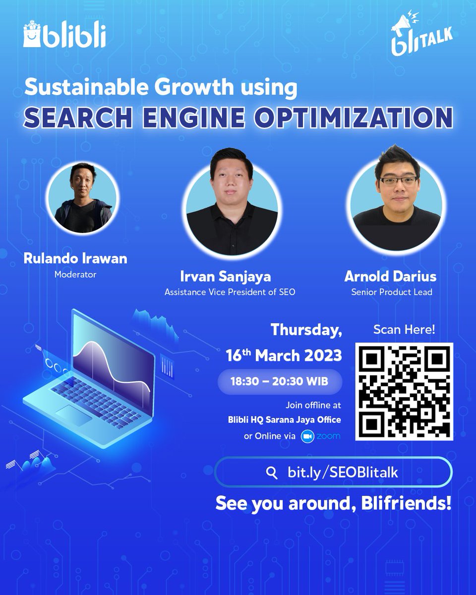 Hi Guys!

If you are interested to learn more about SEO, we are having hybrid discussion in my office next Thursday after office hour!

Would be very glad to welcome you offline! 

Register at bit.ly/SEOBlitalk 

#eventjakarta #seminarjakarta #infoseminar #seminarjakarta