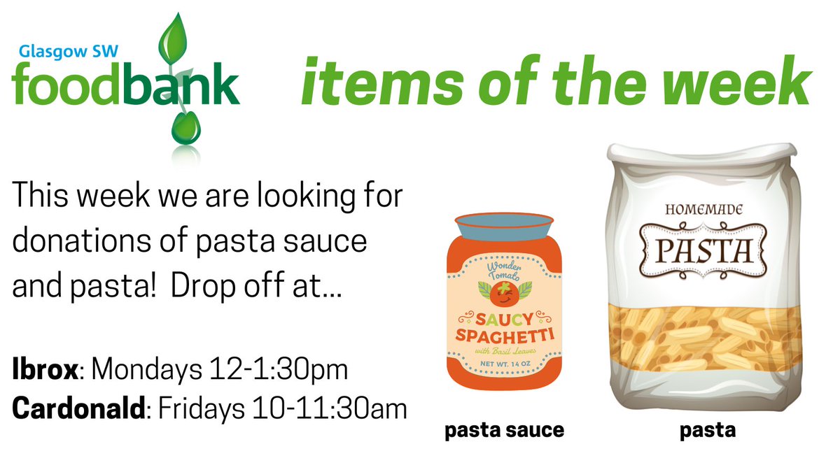 glasgowswfb's tweet photo. The #ItemsOfTheWeek are pasta and pasta sauce! You can help by donating these items at our Ibrox foodbank at the Ibrox Parish Church on Mondays from 12 - 1:30pm or at our Cardonald foodbank in the Hillington Park Church on Fridays from 10 - 11:30am.
#ThankYou #StopHunger https://t.co/LV7SXr4NqP