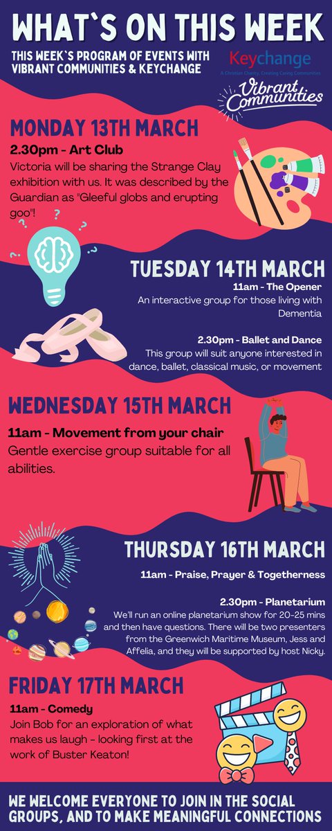 Here's what's happening this week with Keychange and Vibrant Communities 
We have some exciting sessions on Ballet and Dance, an interesting Planetarium session with 2 presenters from the Greenwich Maritime Museum and then we end the week with some laughs with our comedy session!