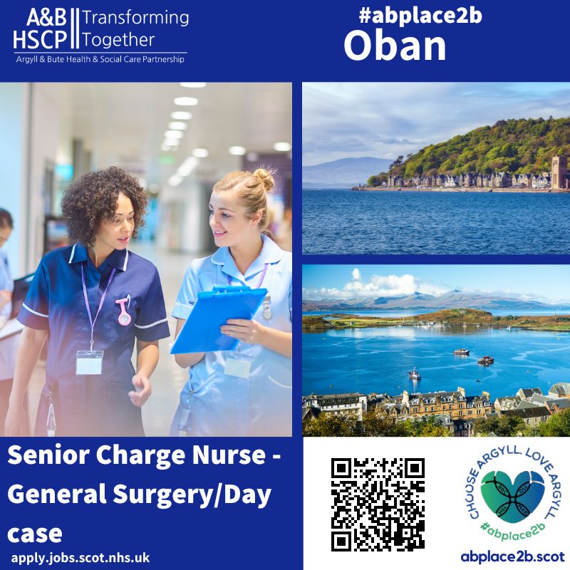 Senior Charge #Nurse - General Surgery/Day case #Oban - Ward A has 14 inpatient beds and 6 Day Case Beds, which are used for surgical &amp; Endoscopy patients.  Apply now or for more ℹ️
 ow.ly/81PB50NgfZ0
#abplace2b #AimHighland #argyll #bute