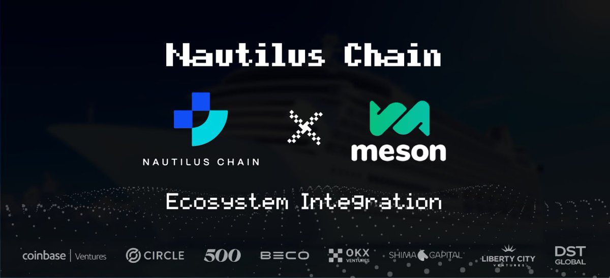 ⚡️#NautilusChain x <a href="/mesonfi/">Meson Finance</a> Ecosystem Integration 

ℹ️#Meson is the faster and safer way to execute low-cost, zero-slippage #stablecoin #crosschain swaps across leading blockchains. 

🤝Welcome to the Nautilus Ecosystem! Let's start building!

#Web3Community #Zebec