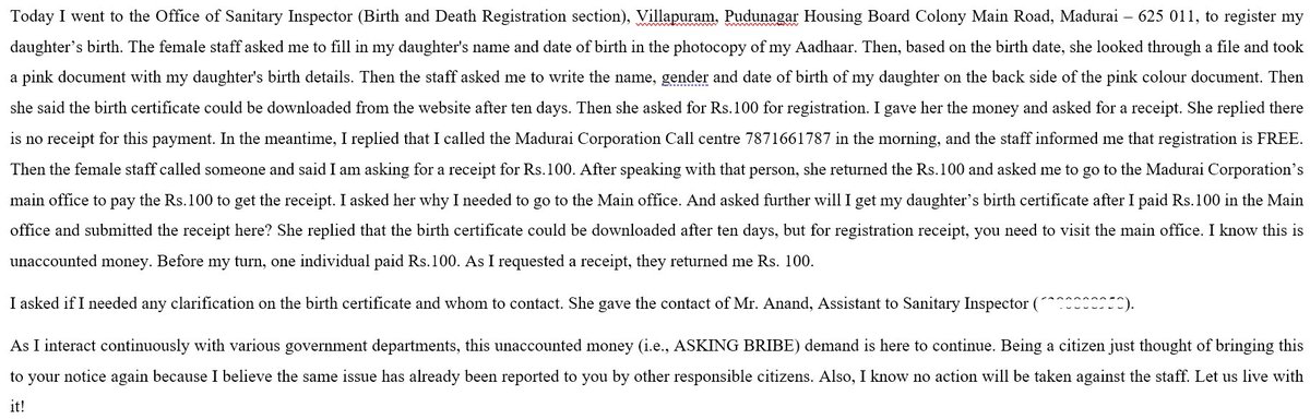 shankarprakasha's tweet image. @city_madurai 
#Bribing your way through government services is now so normalised, they might as well add it to the official list of requirements. Just I was demanded ₹100, as I asked for a receipt, the staff returned my money. 
Complaint registered!
No action will be taken!!!