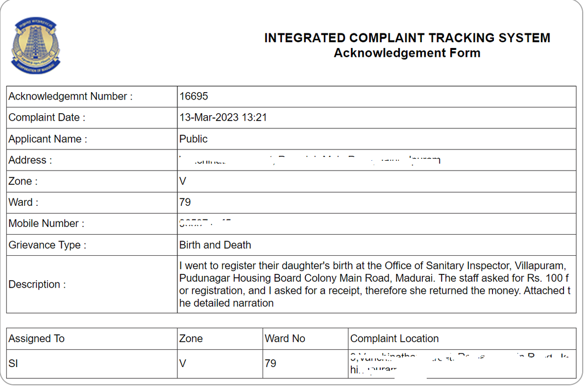 shankarprakasha's tweet image. @city_madurai 
#Bribing your way through government services is now so normalised, they might as well add it to the official list of requirements. Just I was demanded ₹100, as I asked for a receipt, the staff returned my money. 
Complaint registered!
No action will be taken!!!
