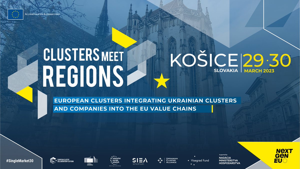 📢Interested in diversifying your markets and suppliers? 

Join our next hybrid #ClustersMeetRegions and #ECCPMatchmaking event in Kosice, 🇸🇰 on🗓️29-30 March and connect with over 200 representatives from EU 🇪🇺 and Ukrainian🇺🇦 clusters and companies. 

👉clustercollaboration.eu/event-calendar…