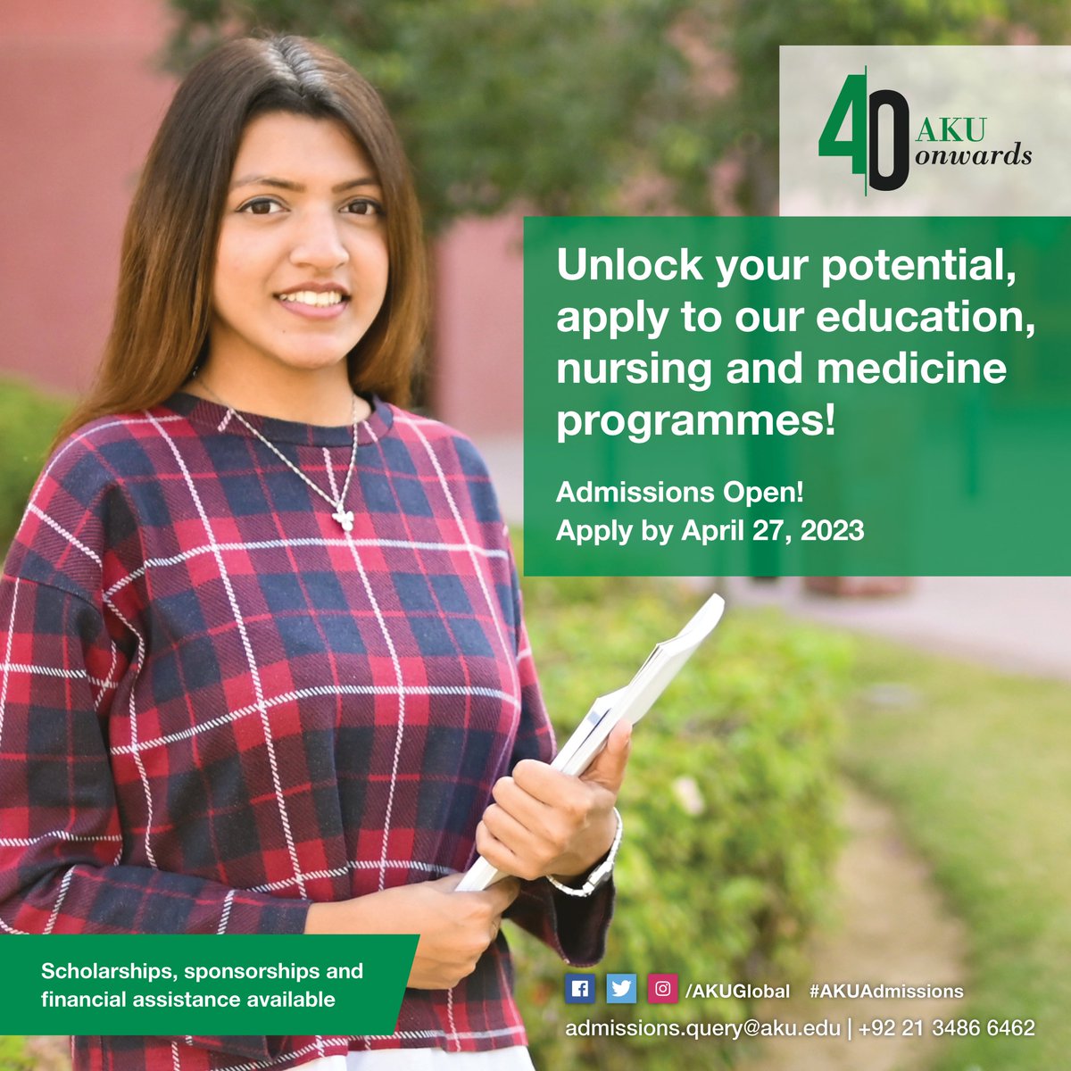 AKUGlobal's tweet photo. Admissions to our education, nursing and medicine programmes in Pakistan are open. Apply by 27 Apr 2023 at https://t.co/Mo5d7eLnsw

Scholarships, sponsorships and financial assistance available. 

Contact: admissions.query@aku.edu | call +92 21 3486 6462

#AKUAdmissions https://t.co/W0GX9rqJwd