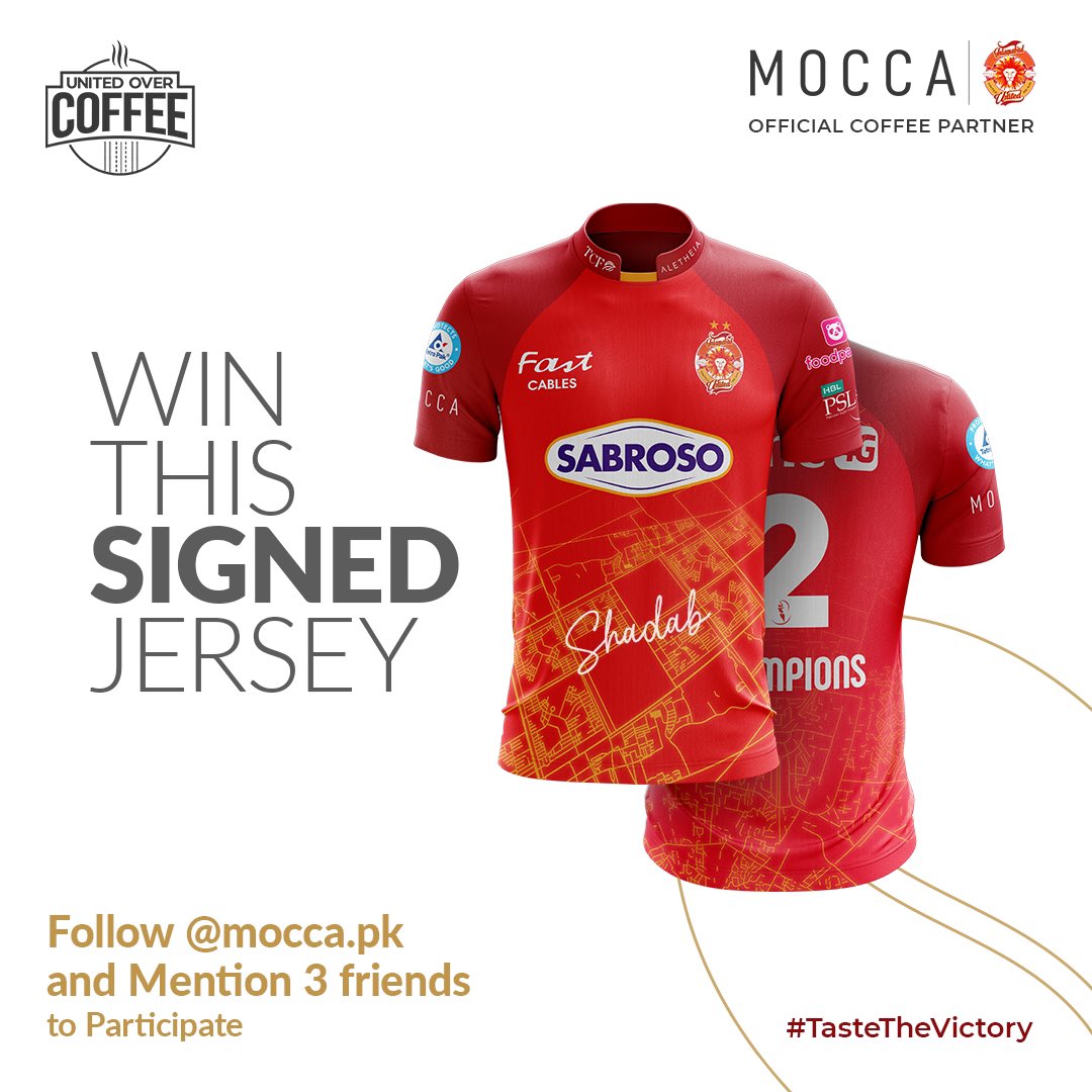 IsbUnited's tweet photo. Here’s your chance to win @76Shadabkhan signed jersey!

All you need to do:

1. Follow @mocca_coffee 
2. Mention 3 friends below this post

#UnitedWeWin #HBLPSL8 #ISLUxMOCCA https://t.co/vYxkmvZp7I