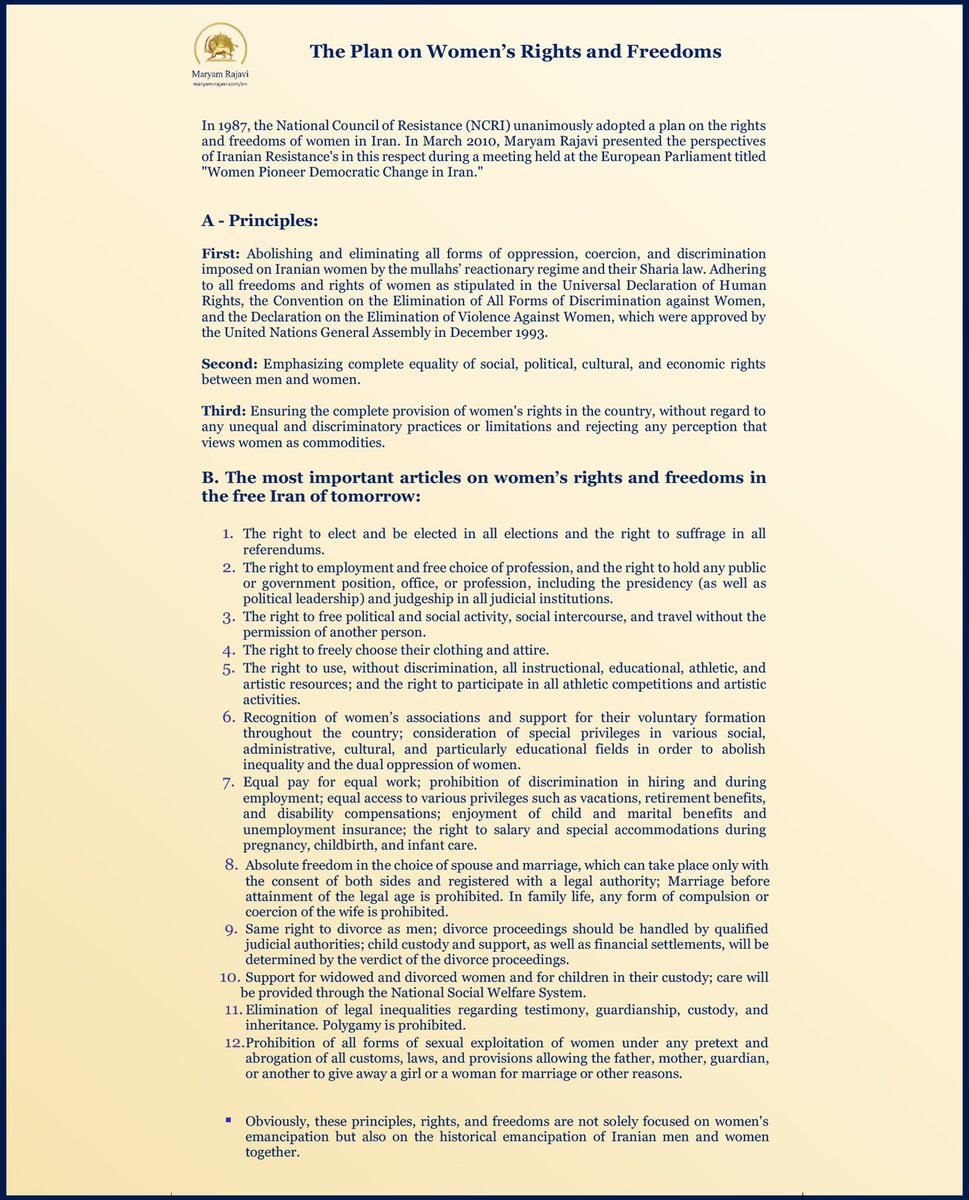 Maryam_Rajavi's tweet photo. The Plan on Women’s Rights and Freedoms in tomorrow’s free #Iran
It is correct when they say women’s rights are human rights, and I firmly believe that women’s leadership is the guarantee for democracy and equality. 
#WomenForce4Change 
https://t.co/WA7t3CMroz https://t.co/1ExLNVsRre