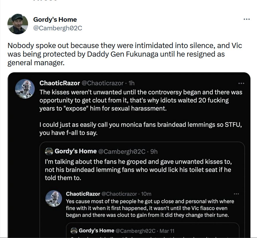 Chaoticrazor's tweet photo. Everyone was intimidated, even the random con people who accused him that didn't work for him and otherwise had no connection to him.

Vic didn't have power over the ENTIRE anime industry and con scene ya mook, I mean you can't even prove this "he intimidated everyone" nonsense. https://t.co/oYylhZ95Yk