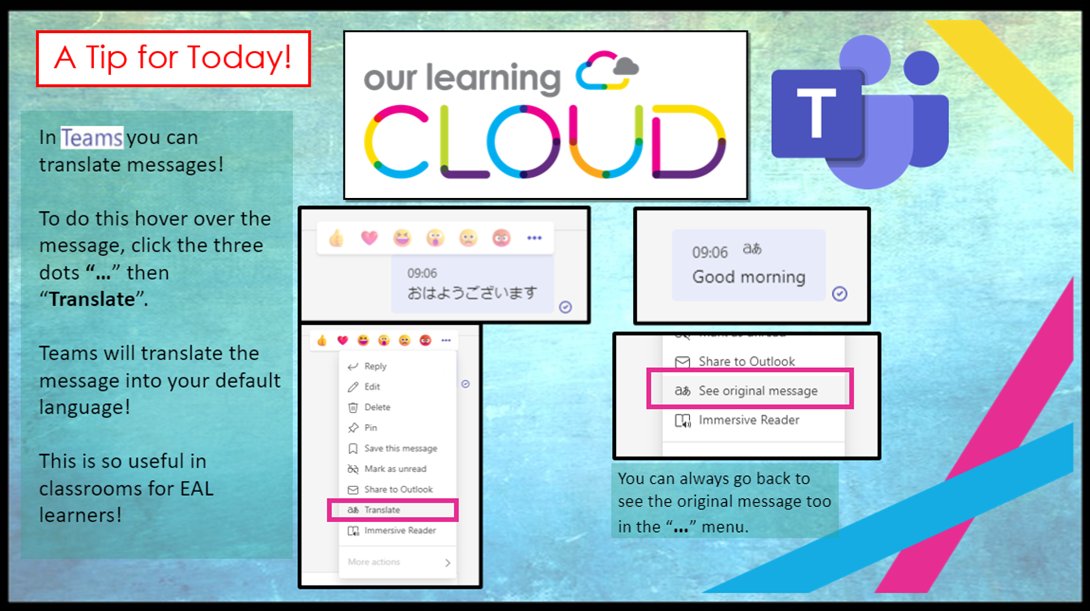 A Tip for Today! #OLC_TFT

Did you know you can translate messages in #MicrosoftTeams?

Just one way you can close the #achievementgap and include all learners in your #teaching