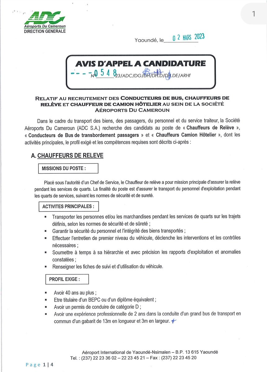 Media_Aviation_'s tweet photo. #JobAlert237 / Aéroport Du Cameroun 🇨🇲✈️
🦺Aéroports Du Cameroun (ADC S.A) is looking for candidates for the position of Relief Drivers, Passenger Transfer Bus Drivers and Hotel Truck Drivers, required profile and required skills👇🏾👇🏾
+ D'infos 📌
🔗https://t.co/QsFDT9WFqE https://t.co/w1pjGxz2jv