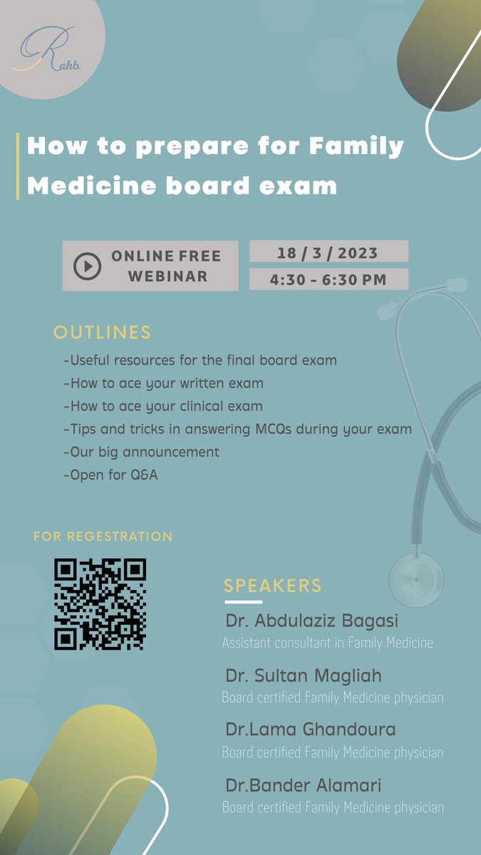 RahbCordination's tweet photo. “How to prepare for family medicine board exam” 🩺👨🏻‍⚕️
**Online free webinar**

Join us 
https://t.co/M7uwIOrYW9

@Aziz_Bagasi
@sultan_magliah
@lemamoora
Dr.bander Alamari https://t.co/4X7xadgB5K
