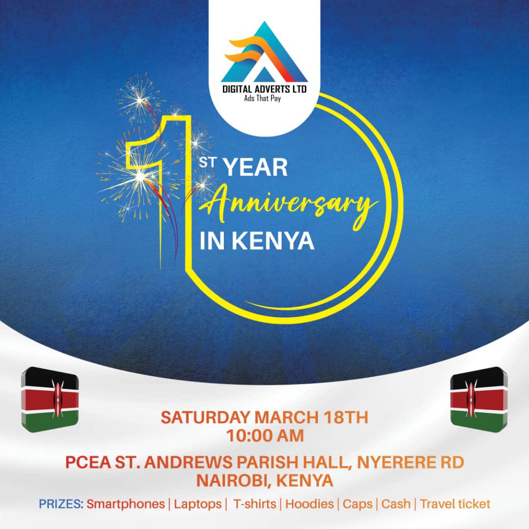 digitaladsltdco's tweet photo. +254🥳🗣🗣🗣🗣
 
This week, we will be making a year in Kenya. Buy a ticket to our anniversary celebration.
 
Join us this Saturday  18th March at 10:00Am PCEA St. Andrews Parish Hall, Nyerere Road, Nairobi.
 
#DigitalAdsLtd #Adsthatpay https://t.co/znUnzd7rSh