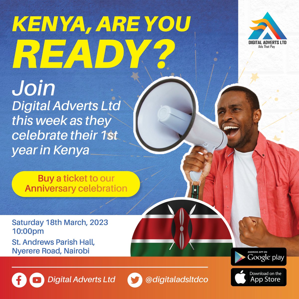 digitaladsltdco's tweet photo. +254🥳🗣🗣🗣🗣
 
This week, we will be making a year in Kenya. Buy a ticket to our anniversary celebration.
 
Join us this Saturday  18th March at 10:00Am PCEA St. Andrews Parish Hall, Nyerere Road, Nairobi.
 
#DigitalAdsLtd #Adsthatpay https://t.co/znUnzd7rSh