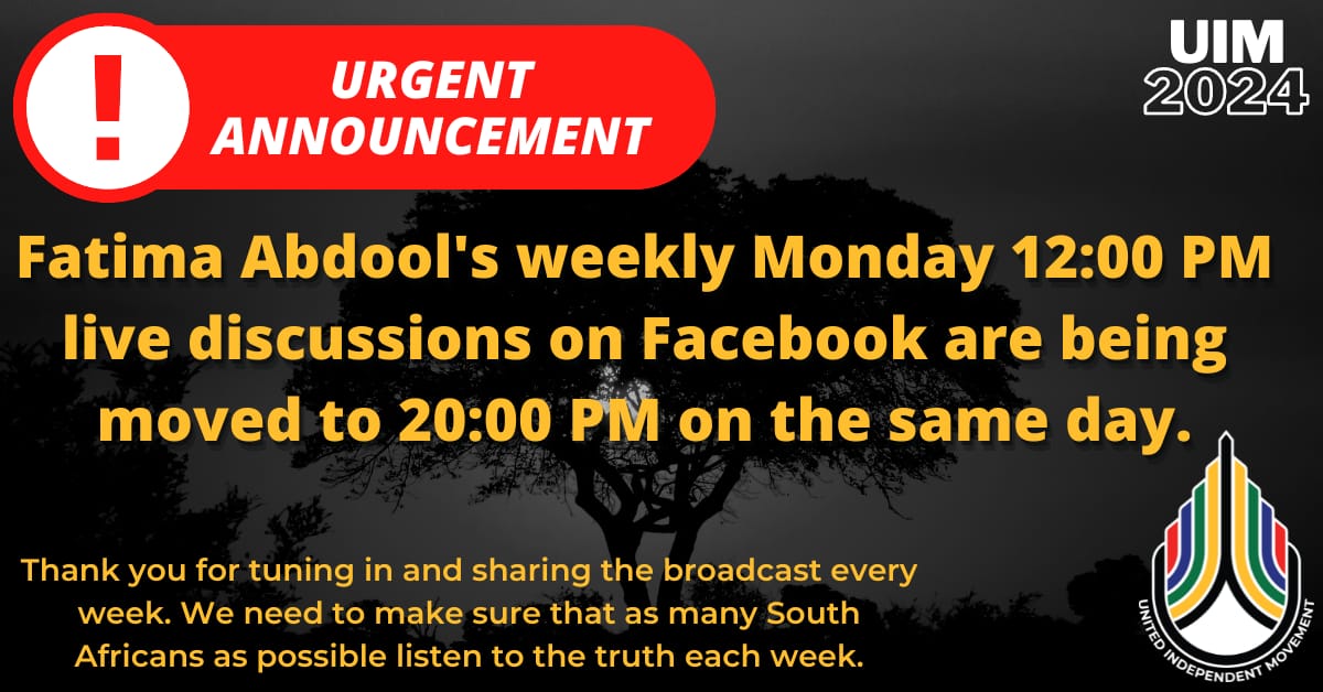 UIMSouthAfrica's tweet photo. #Facebook #live with #UIM Vice President Fatima Abdool today #Monday @ 20:00 talking about #Problems & #Solutions
Please note the time
#uimsa #uimsa2024 #TogetherWeWill #Southafrica #southafrican #instagram #instagood #facebook #politics #SA1st #sa #SApolitics https://t.co/sANwPzkf3G