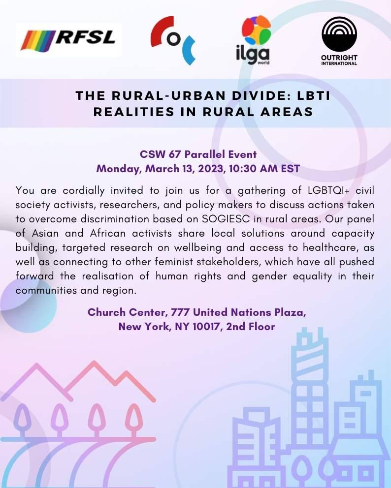 If you are at #CSW67 today, you are invited to join what promises to be an engaging and informative discussion on the realities of LBTI people living in rural communities. We are looking forward to seeing you there!