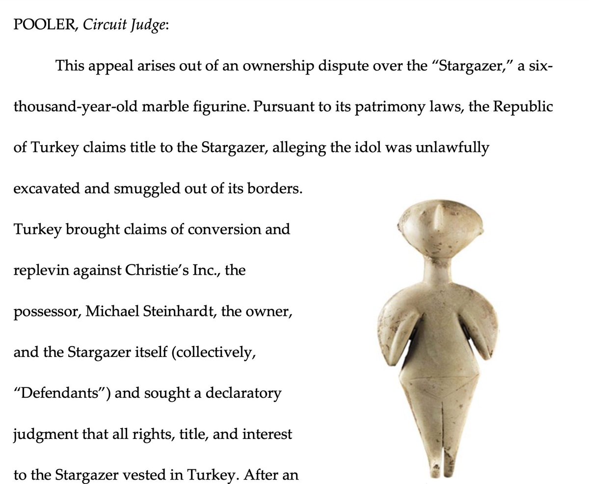 artlawalex's tweet photo. Very interesting Court of Appeals decision out of New York last week involving the 'Guennol Stargazer', a 6000 year-old Anatolian idol claimed by Turkey. You've got to love it when an antiquity appears in the first para. of a judgment! (1/)
https://t.co/H2JFD1nzce https://t.co/6RwCQTc7UO