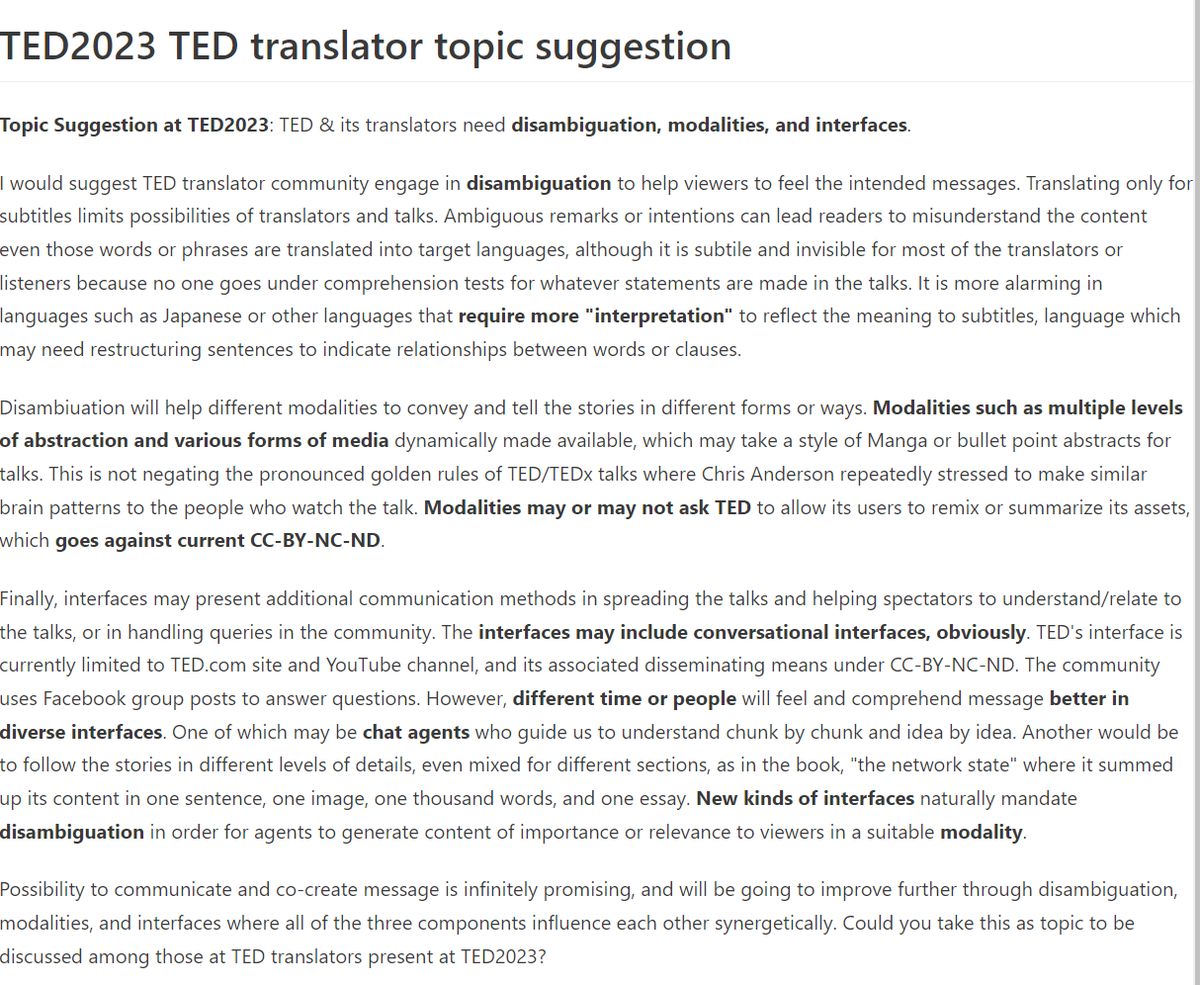 LearningengAki's tweet image. .@TEDchris TED &amp;amp; translators need disambiguation,modalities,and interfaces.
TED translators can engage in disambiguation to help viewers to feel the intended messages. Translating only for subtitles limits possibilities of translators &amp;amp; .@TEDTalks.
Says in akinorioyama.com/ideas/ted2023-…