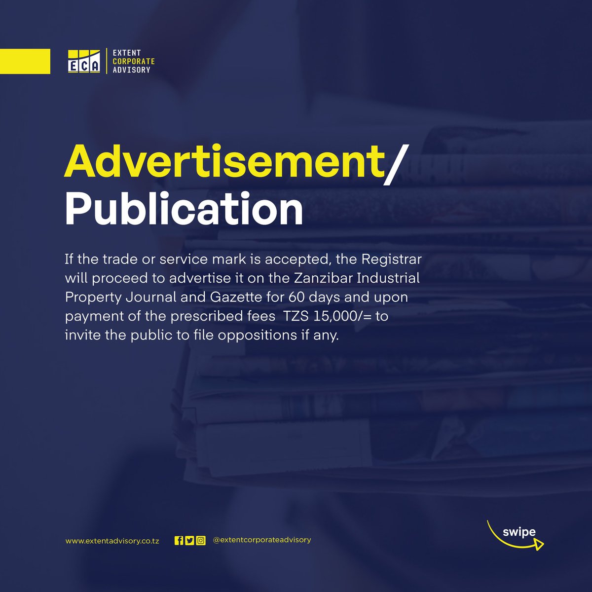AdvisoryExtent's tweet photo. Protect your brand and secure your market with trademark registration in Zanzibar.
Swipe to see the steps of registering a mark in Zanzibar.
For more information or inquiries, please do not hesitate to contact us.
#Registration
#Trademarks
#IPShortSlides
#IPLaws
#IPZanzibar https://t.co/RYixUpxyv2