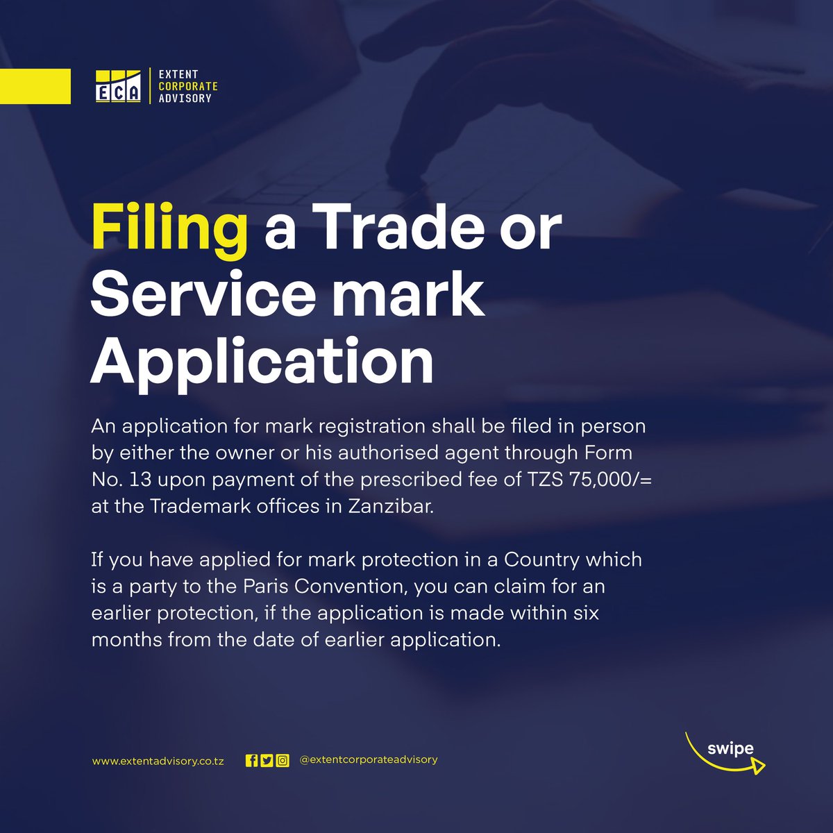 AdvisoryExtent's tweet photo. Protect your brand and secure your market with trademark registration in Zanzibar.
Swipe to see the steps of registering a mark in Zanzibar.
For more information or inquiries, please do not hesitate to contact us.
#Registration
#Trademarks
#IPShortSlides
#IPLaws
#IPZanzibar https://t.co/52FJu4Xy9A