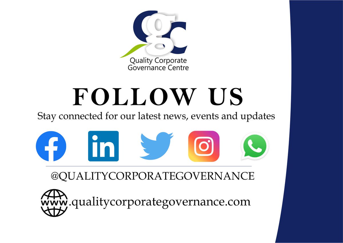 Great news!!! We're excited to announce that in addition to our website, you can follow us on our social media platforms. Like, share and follow to get the latest developments in corporate governance and leadership. #corporategovernance #corporategovernancetraining #leadership