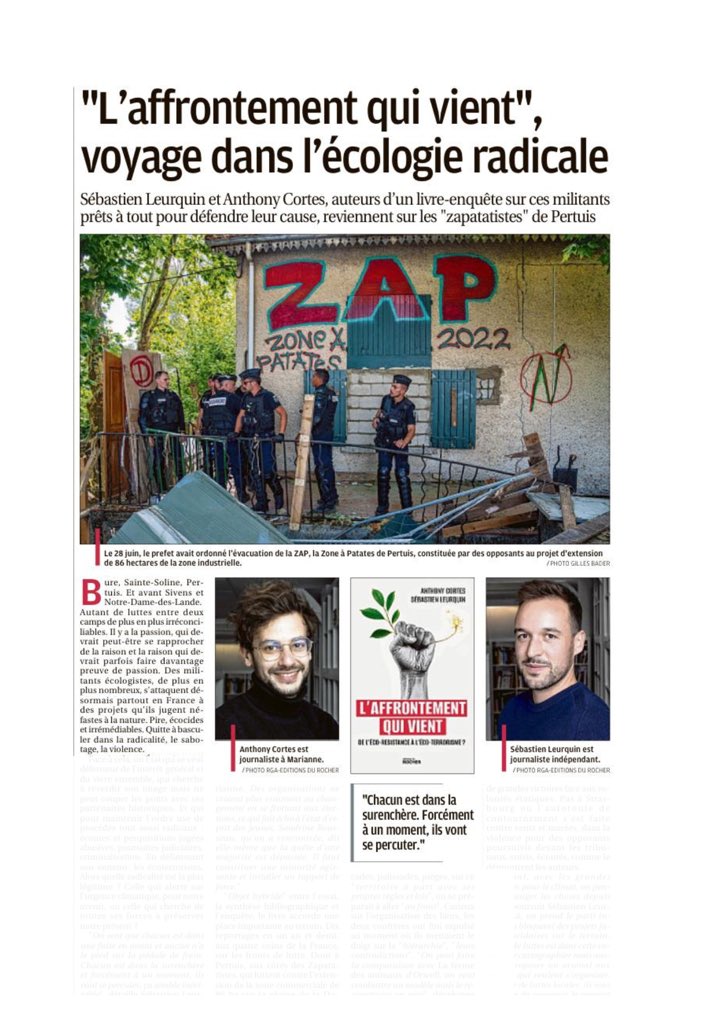 Seb_Leurquin's tweet image. 🗞️ "Objet hybride entre l'essai, la synthèse bibliographique et l'enquête, le livre accorde une place importante au terrain avec des reportages aux 4 coins de la France sur les fronts de lutte". 

Beau papier de @JSOLLIER sur "L'affrontement qui vient" dans @laprovence ce matin !