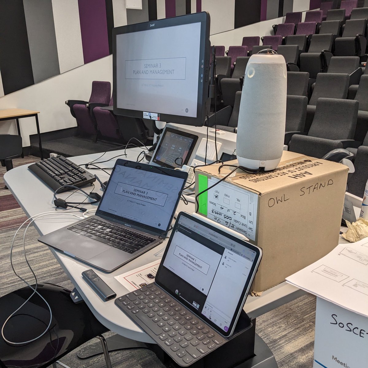 naronresearch's tweet photo. 3 years to the week when I was last in a lecture theatre, empty but livestreaming via Echo. Today I returned for my first hybrid lecture, using an OWL. 6 students in the room, 80 online in Collaborate, and 140 having a public holiday 🙂 https://t.co/rHoGzvFo6o