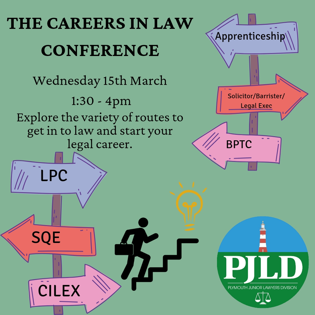 2️⃣ days to go until the <a href="/PlymouthJLD/">Plymouth JLD</a> Careers in Law conference. Hosted at the <a href="/PlymUni/">University of Plymouth</a>.

It is sure to be a good opportunity to hear about the range of options to pursue a career in law and have the chance to speak with junior professionals.

#lawconference #PJLD