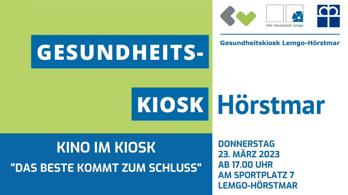 Am 23. März 2023 heißt es ab 17.00 Uhr wieder "Vorhang auf für Kino im Kiosk". Der #Gesundheitskiosk #Hörstmar zeigt die Tragikomödie "Das Beste kommt zum Schluss". klinikum-lippe.de/veranstaltung/… #GKH