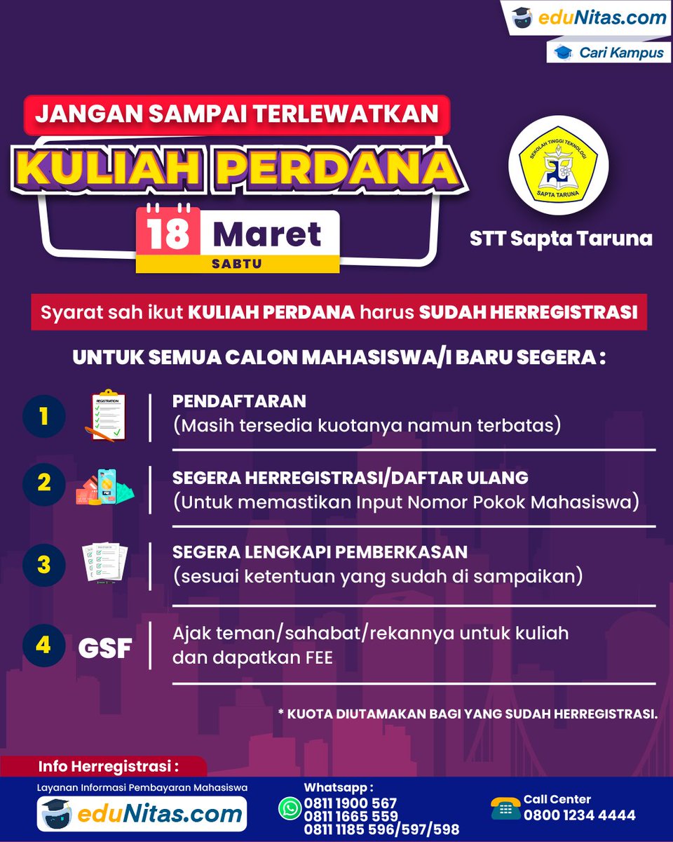edunitas's tweet photo. Kuliah Perdana Segera Dimulai!

Bagi sahabat eduNitas yang belum mendapatkan kesempatan ini, 

Yuk untuk daftar sekarang juga! Karena kuota kelas terbatas serta kuota promo pendaftaran 50% semakin terus berkurang.

#kuliahperdana #kuliahkaryawan #kelaskaryawan #edunitas https://t.co/Xmv3xUqwym