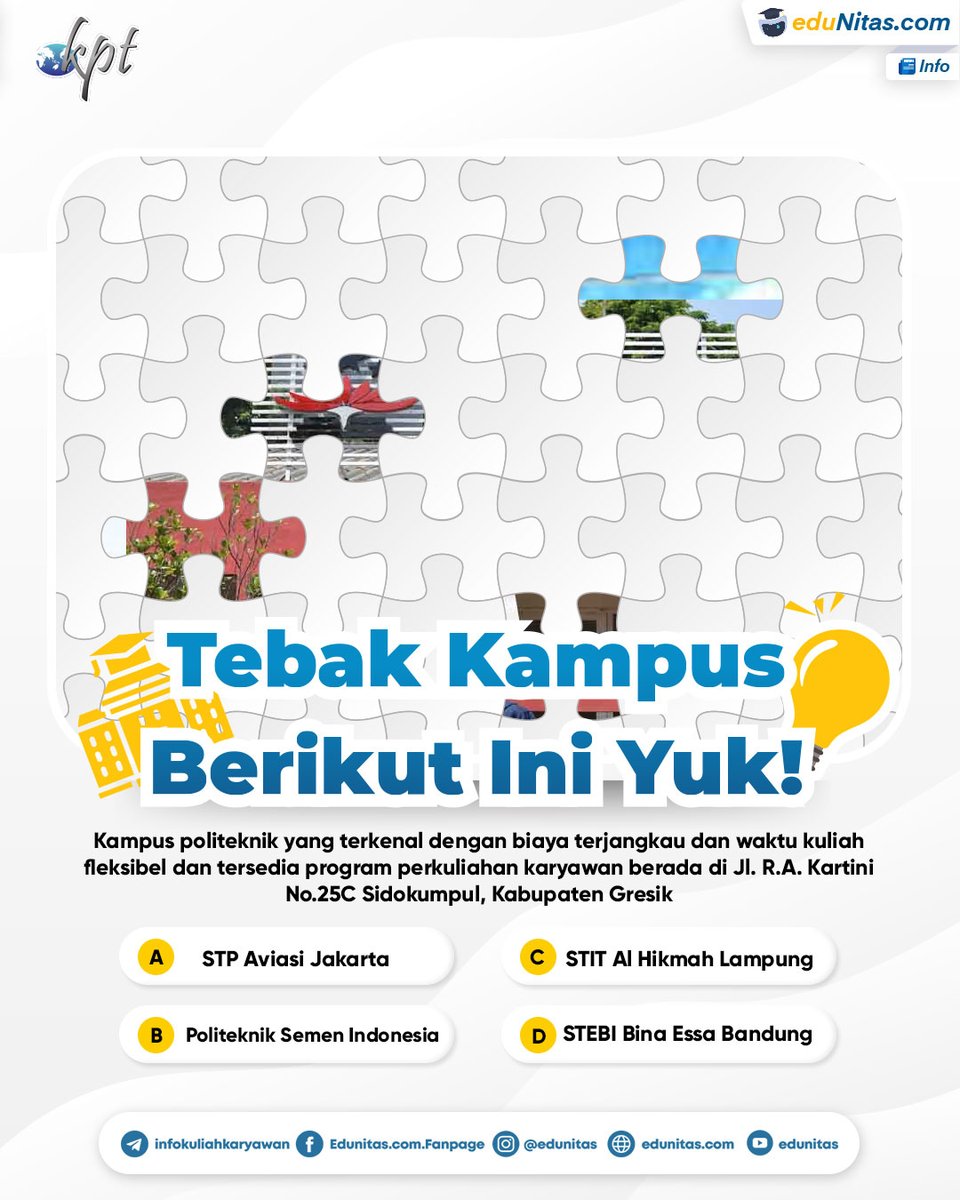 edunitas's tweet photo. Tebak nama kampus berikut ini yuk! kira-kira jawaban yang benar yang mana yaa? 🧐

#quiz #tebakkampus #kuliahkaryawan #kelaskaryawan #edunitas #kuliahkaryawanedunitas #kelaskaryawanedunitas #kampusterbaik https://t.co/8QxtMnHezp