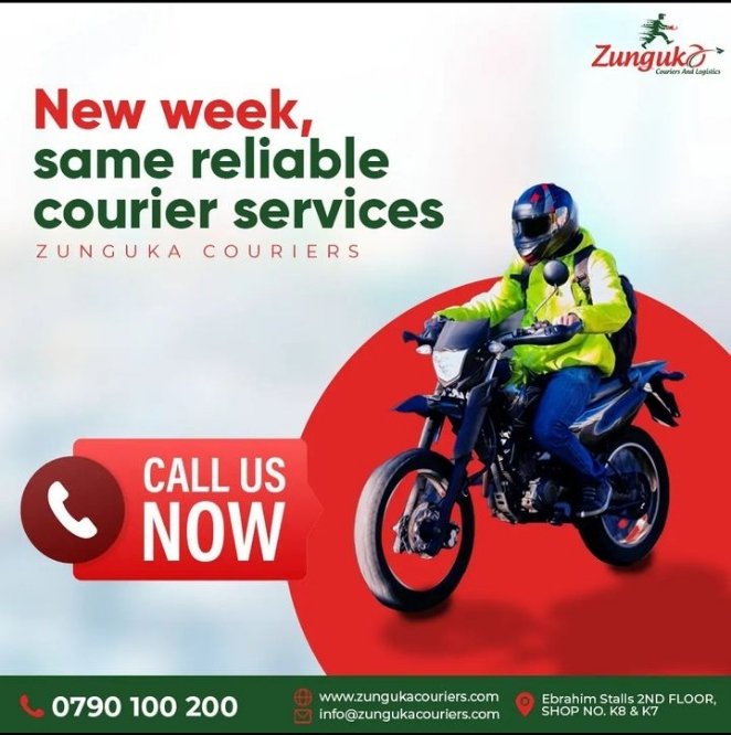 Happy New week to you.

Our services are better each day, our riders are reliable and we enhance quality and on time deliveries.

Call us today 
0790100200

 #kenyantrends #2022
#deliveries #courier #zunguka #nairobi #gainwithmugweru #gainwithwestandmugweru #iamnairobian