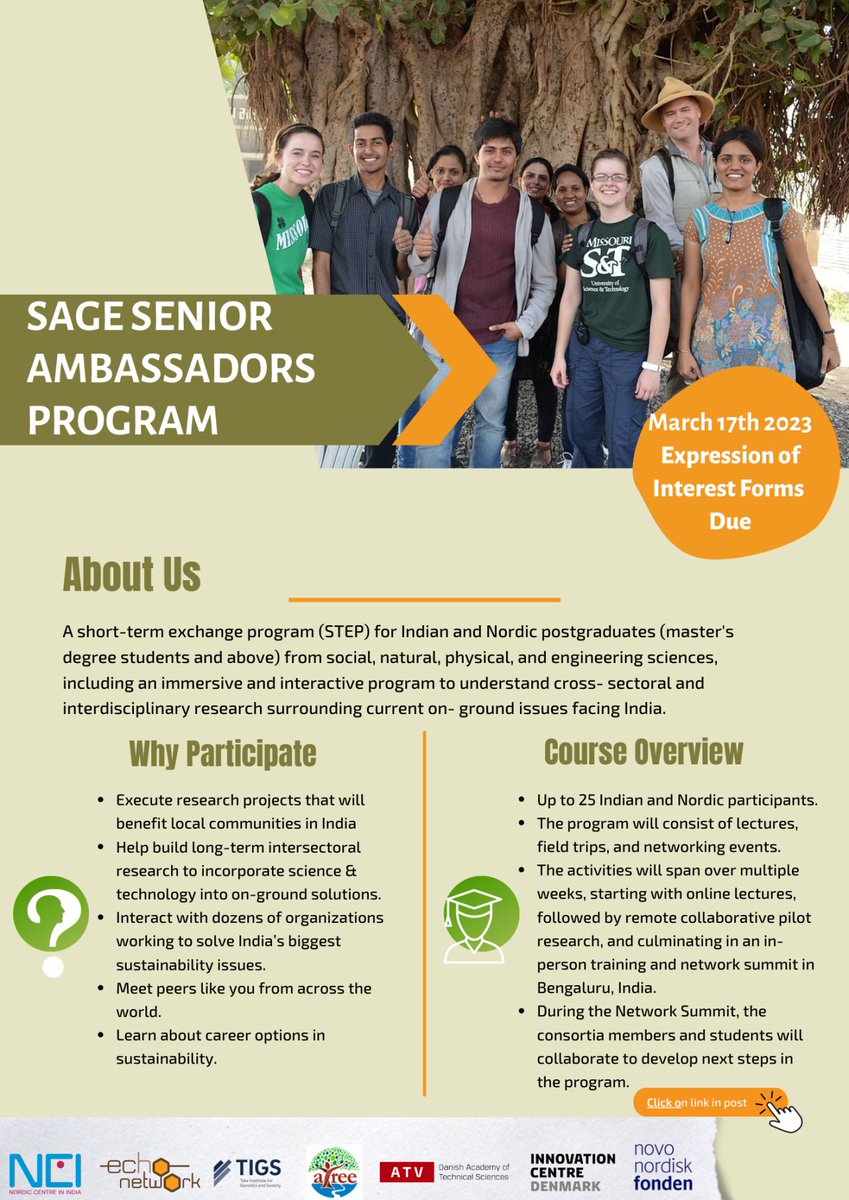 NordicCtrIndia's tweet photo. Apply soon! March 17th is the deadline for and expression of interest in the #SAGEprogram! For more details go to https://t.co/54vj56UE6U
@atree_org @TIGS_India @ICDKBangalore @nordicctrindia @theechonetwork 
Don't miss this fantastic learning opportunity! https://t.co/7PS1Rnikxs