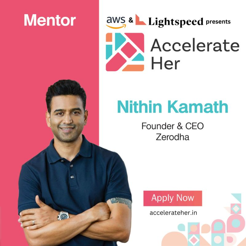 _kkumar's tweet photo. Absolutely thrilled to have @Nithin0dha, Founder  @zerodha onboard as a mentor for @Accelerate__Her !

Apply Now: https://t.co/MvImXASpWv

Stay tuned for more! https://t.co/wpNaP80Wae