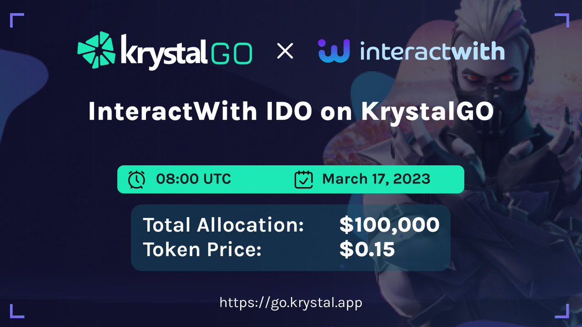 <a href="/_InteractWith/">InteractWith</a>, an industry standard infrastructure to empower apps and users with #Web3 capabilities, will launch the $INTER token on go.krystal.app 🎉

📆 IDO Date: Mar 17, 2023

More details will be released very soon. Follow us for the latest updates.
#KrystalGO #IDO