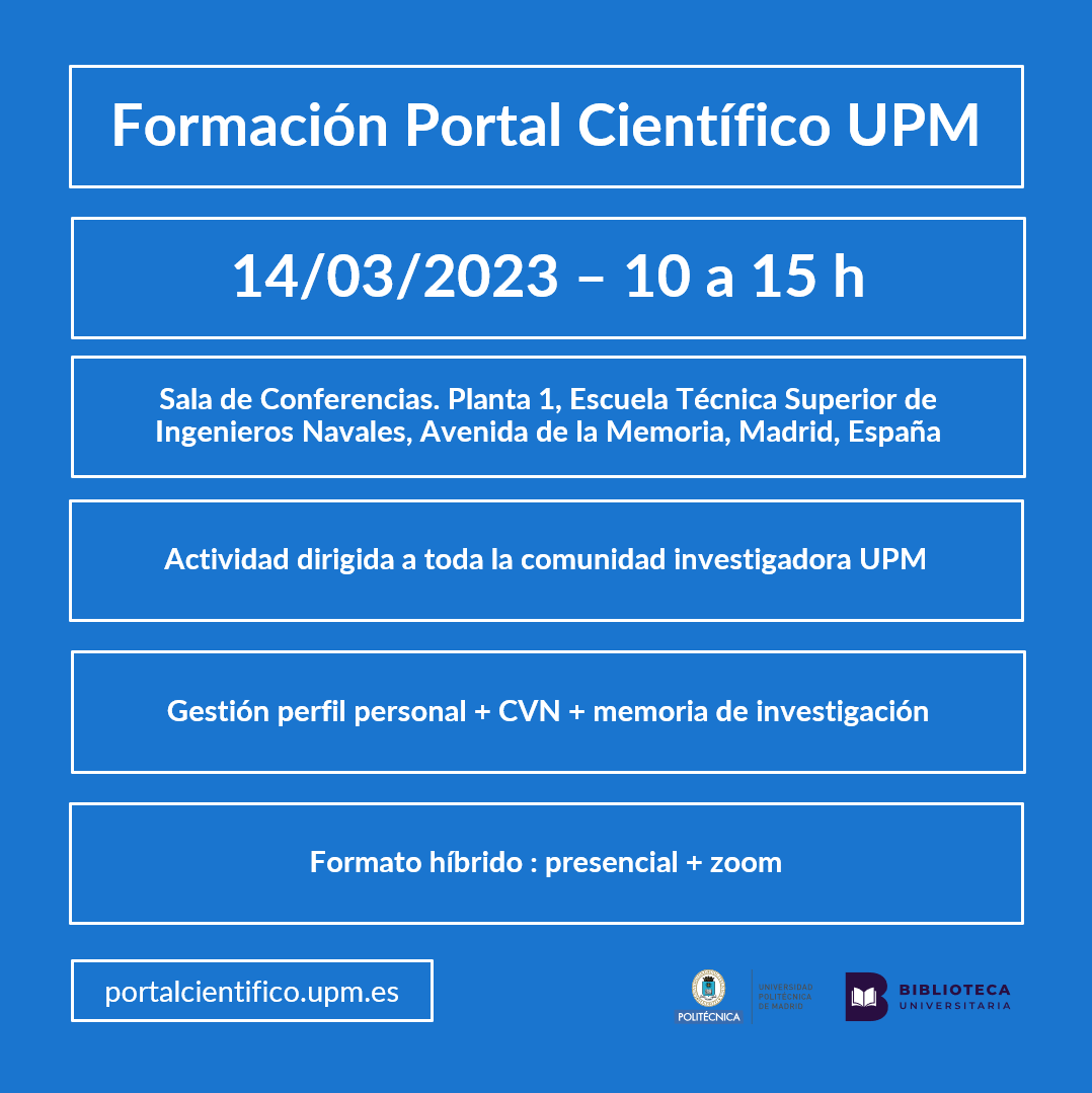 aeroespacialUPM's tweet image. ¿Investigas en la #ETSIAE? ¿Quieres poner a punto tu #CVN o conocer cómo realizar más eficazmente la memoria de investigación?
👩‍🔬 "Formación: "Portal Científico UPM"
🗓️14/03
➡️ Formato híbrido: presencial+zoom
✍️ eventos.upm.es/96439/detail/f…
#investigaciónUPM @biblioUPM @AeroBibETSIAE