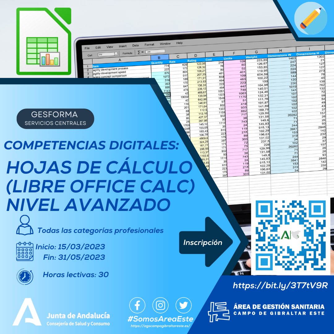 SomosAreaEste's tweet image. ¡Aprende a utilizar LibreOffice Calc como un experto! Servicios Centrales del SAS ofrece un curso avanzado de 30 horas lectivas para todas las categorías profesionales.
Inscripción hasta el 14 de Marzo de 2023
📝bit.ly/3T7tV9R
#SomosAreaEste #LibreOfficeCalc