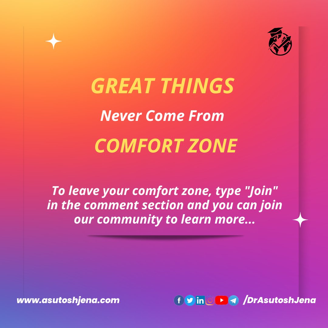 Be out of your #ComfortZone to #AchieveBig.
#greatthingstaketime #twittertrend #comfortzonekiller #DrAsutoshJena  #comfortzonequitters #comfortzonesucks #greatthingsinindia #greatthingsarehappening #comfortzoneskin #comfortzoneshakeup #comfortzonesareoverrated #greatthingsahead