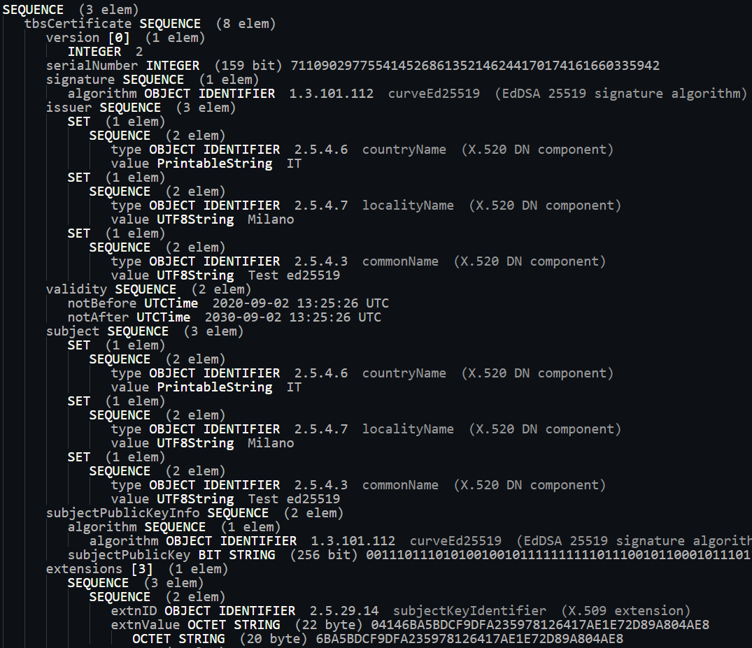 lapo_it's tweet photo. New #ASN1js feature: showing field names, as taken from #ASN1 module definitions parsed right out of #RFC.
Consider it beta for now (currently supports only X.509 and CMS definitions, but this will change in the future). https://t.co/NrcZVfu61N
