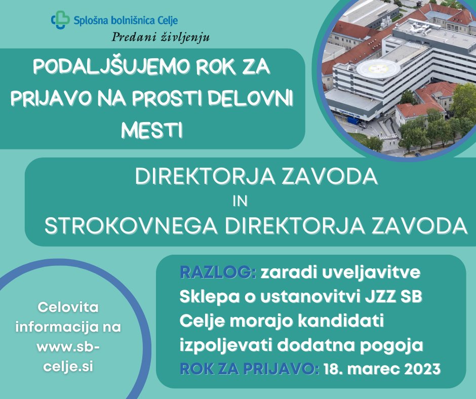 📣 Obvestilo o podaljšanju roka za prijave na prosti delovni mesti direktorja in strokovnega direktorja SB Celje‼️

Rok za vložitev prijav je podaljšan do vključno sobote, 18. 3. 2023. 📅 ‼️

Več informacij na sb-celje.si .
