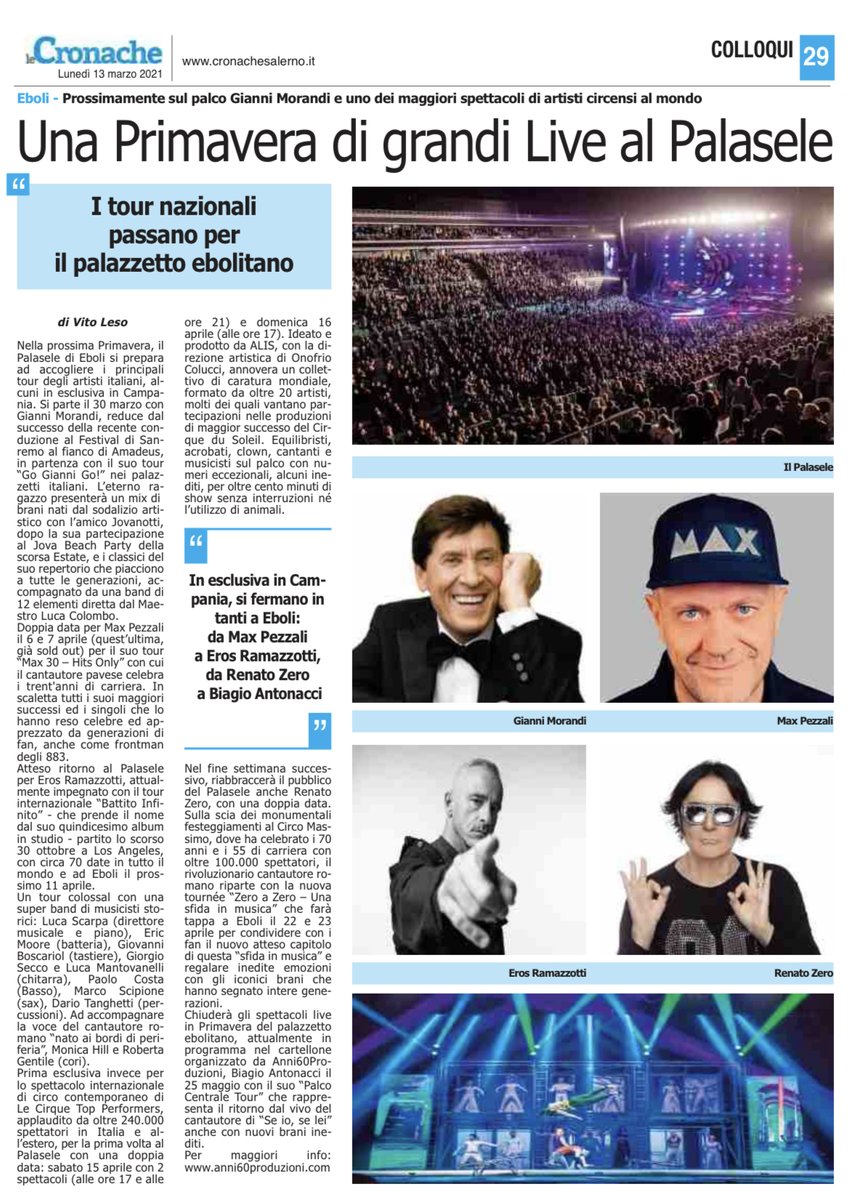 Weboli_it's tweet photo. Una Primavera di grandi Live al #Palasele di Eboli: da #MaxPezzali a #ErosRamazzotti, da #RenatoZero a #BiagioAntonacci.  Prossimamente sul palco #GianniMorandi e uno dei maggiori spettacoli di artisti circensi al mondo. 🏟️🎤🎶
Info 👉 @anni60official
🗞️ @LCronache https://t.co/AP6P3KXTYh