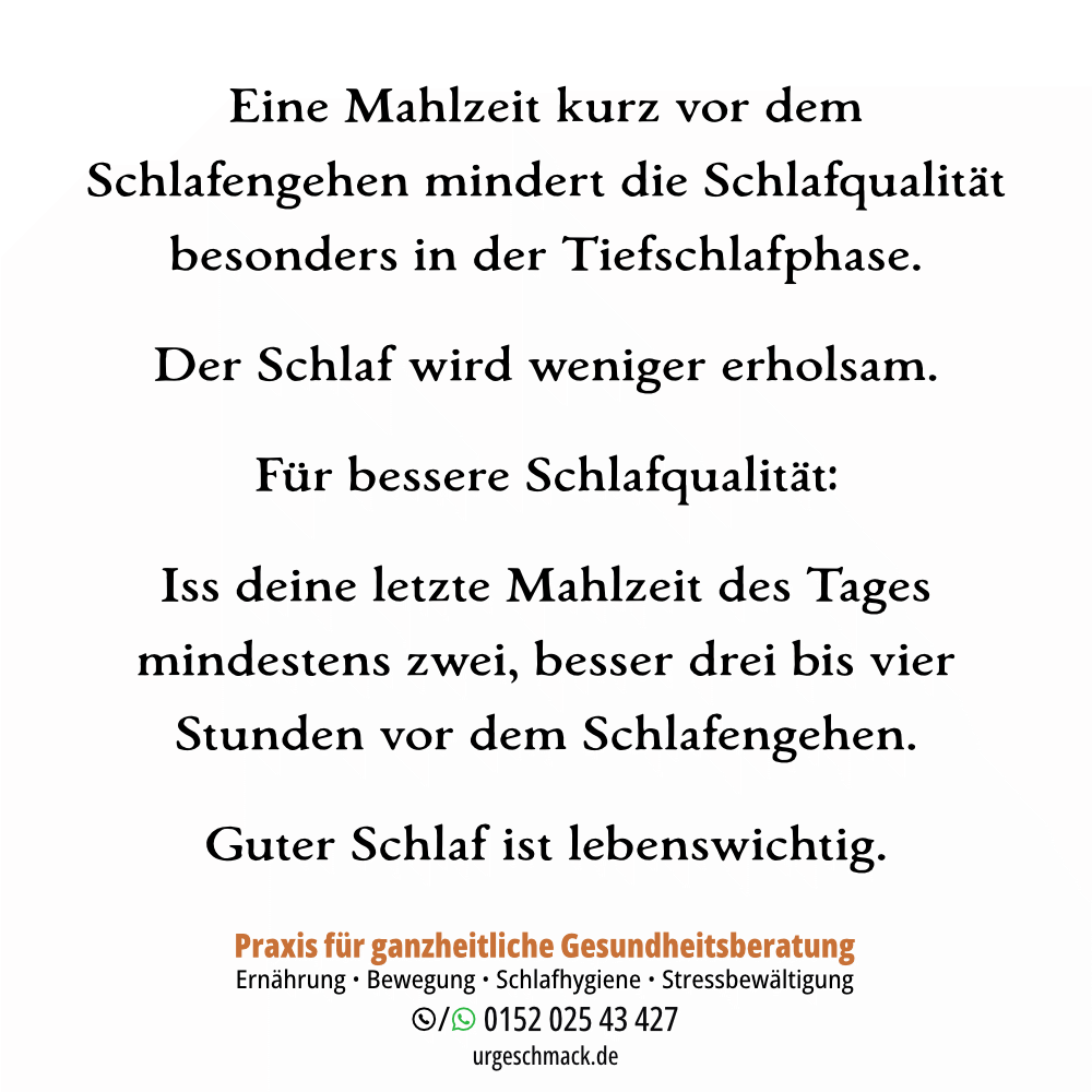 urgeschmack's tweet photo. Spätes Essen beeinträchtigt den Schlaf. 

Eine späte Mahlzeit beeinträchtigt durch die Verdauung deine Schlafphase, belastet deine Erholung und deinen Insulinhaushalt. 
Iss deine letzte Mahlzeit allerspätestens zwei Stunden vor dem Schlafengehen 

https://t.co/WJzhB2efMM ). https://t.co/gYJoz2cOK8