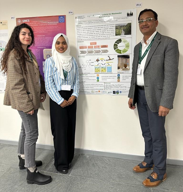 NXTGENWOOD researchers presenting results on chemically functionalized lignin for sustainable dairy waste-water remediation at a recent <a href="/lignocost_eu/">Lignocost</a> networking meeting in Pisa, Italy. 

[Pictured are Jessica, Minu, &amp; PI Ramesh Babu, linked to <a href="/tcd_chemistry/">TCD School of Chemistry</a> &amp; <a href="/ambercentre/">AMBER</a>].