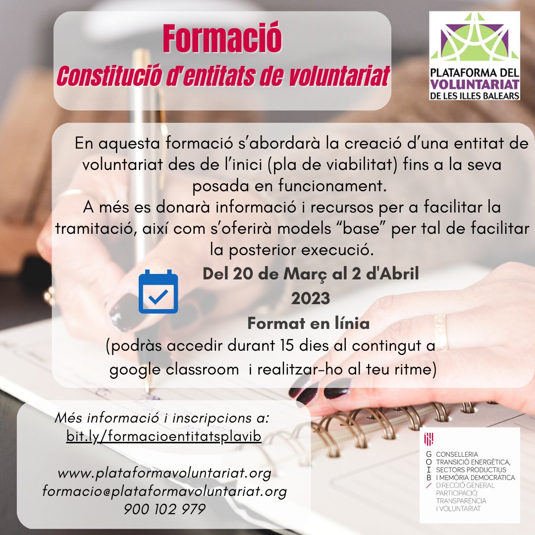 plavib's tweet image. 📢 Formació Constitució d'entitats de Voluntariat 📢
Del 20/03 al 2/04 

Es treballarà la creació d’una entitat de voluntariat des de l’inici fins a la seva posada en funcionament. A més d'informació i recursos.

➕ℹ️ plataformavoluntariat.org/formacio

#transformant #PLAVIB #voluntariat