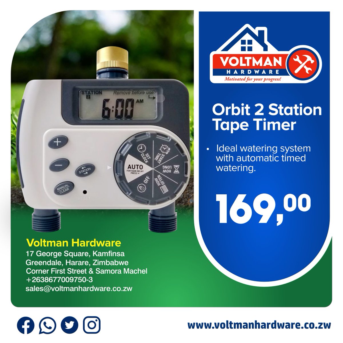 VoltmanHardware's tweet photo. The buddy 2 is a fully automatic yard watering unit that turns your tap into a sprinkler system. Connects to standard 20mm connection with two outlets with two independent watering programs. Get yours from Voltman Hardware.
#VoltmanHardware
#DIYGiant
#Hardware https://t.co/VGfIVpE59R