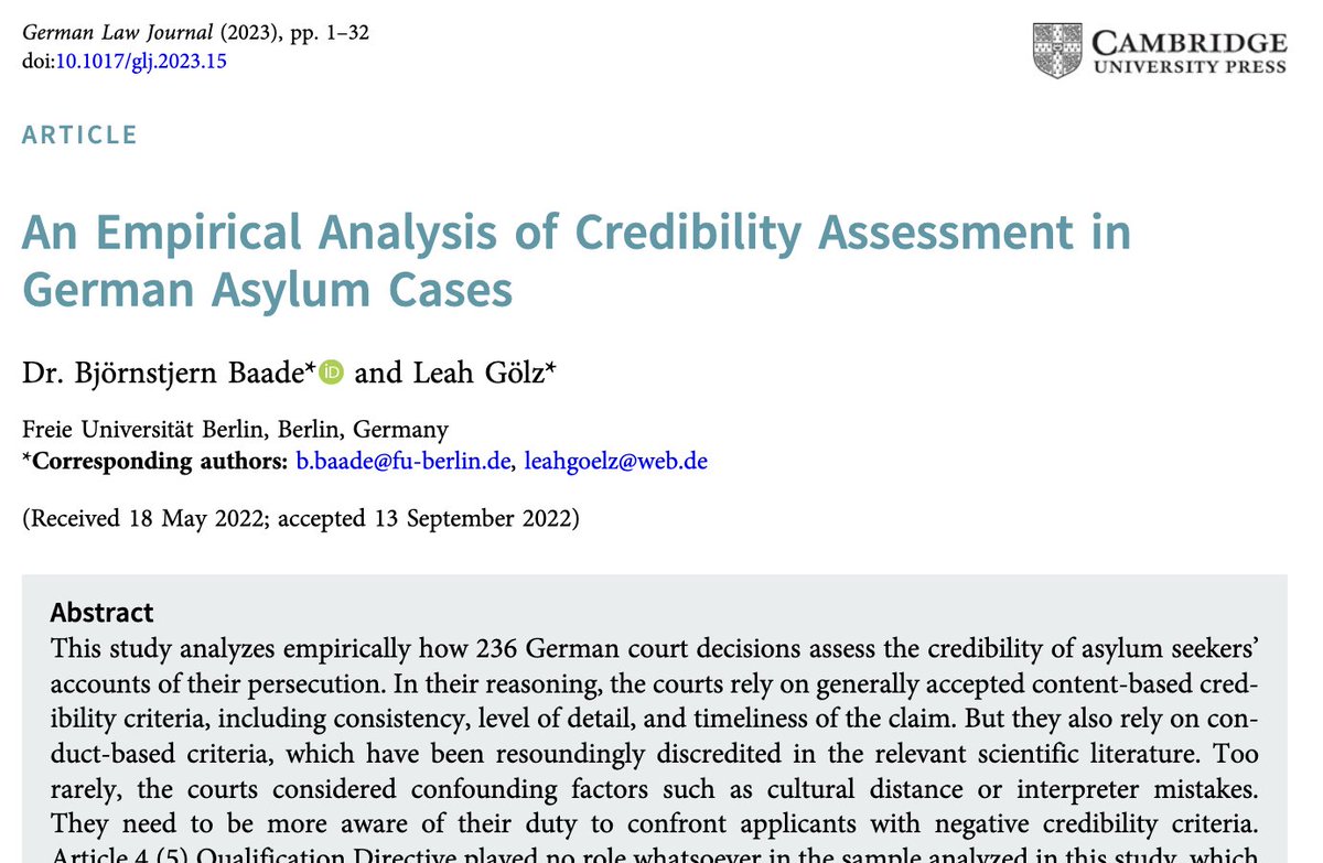 Out now @Ger_Law_Journal (#FirstView): 

the empirical analysis of credibility assessment in more than 200 German asylum cases that I conducted together with @leah_mrgz!

 @CUP_Law #OpenAccess #RefugeeLaw #Asylrecht

doi.org/10.1017/glj.20…
