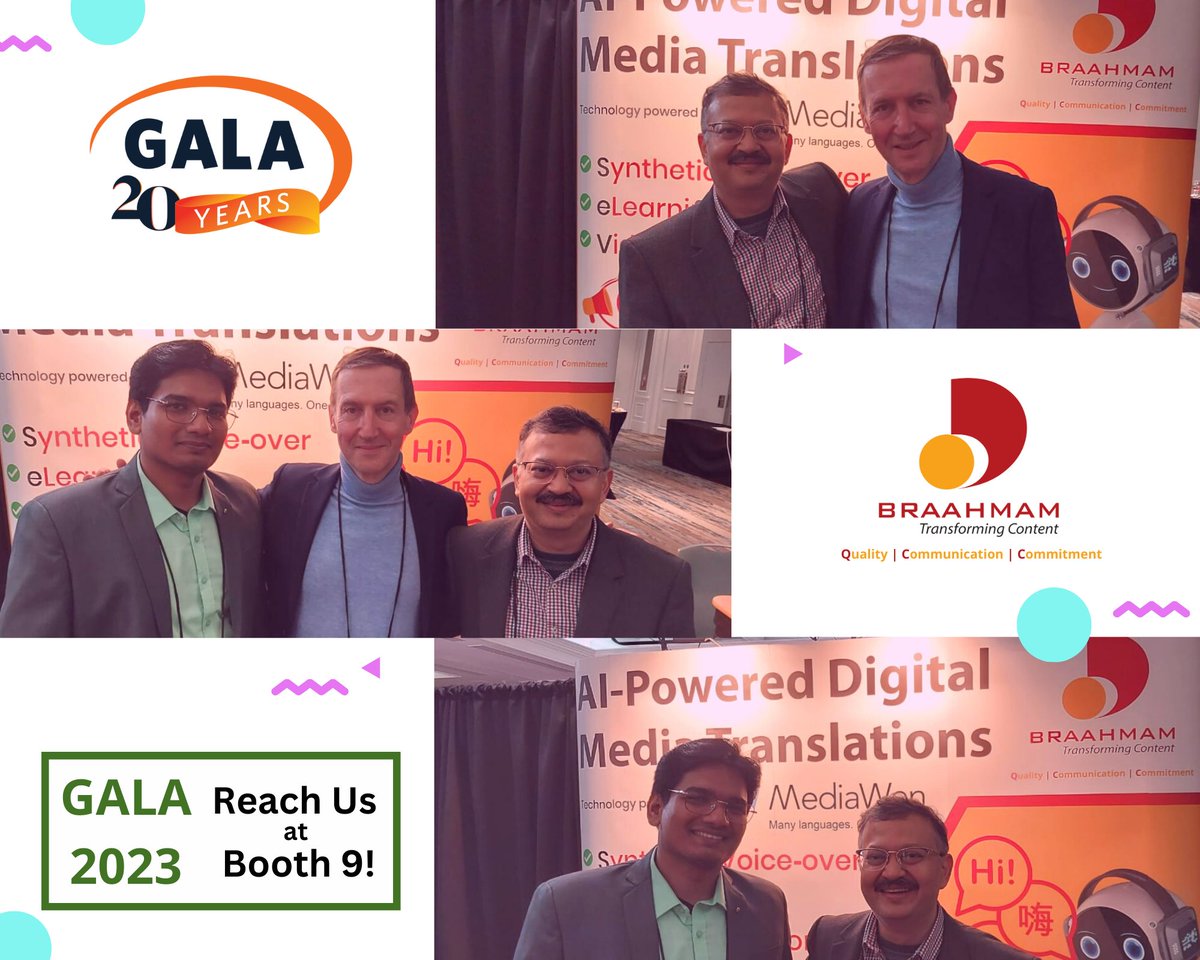 The #GALA2023 in Dublin has started We are live now, meet our team at Booth 9
<a href="/GALA_Global/">GALA</a> 
#BraahmamInternational #thinkglobal #ai #digitalmedia #technology #localizationevent #internationalevents #translation #language. Book a meeting with us: lnkd.in/gfsHCTwx