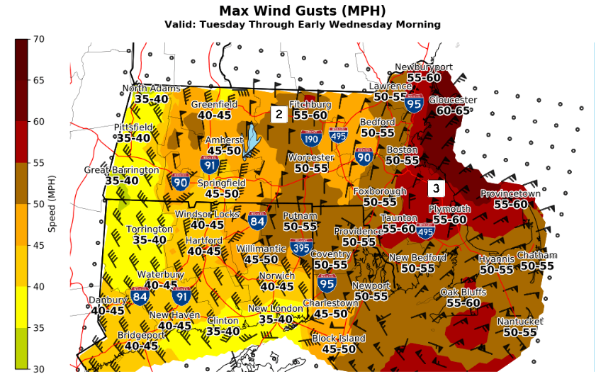NWSBoston's tweet photo. Powerful coastal storm will bring several impacts late tonight thru early Wed. Greatest impacts are wet snow weighing on trees &amp; powerlines &amp; damaging wind gusts. Coastal flooding near the Tue PM high tide.

Latest snow &amp; wind gust forecast, weather headlines &amp; Key Points: https://t.co/fFQPhA1OjL