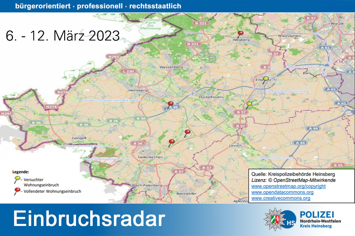 In der vergangenen Woche wurde viermal in Wohnungen oder Häuser eingebrochen. In zwei Fällen blieb es beim Versuch.
Wir wünschen Ihnen einen sicheren Start in die neue Woche. 
heinsberg.polizei.nrw/sites/default/…