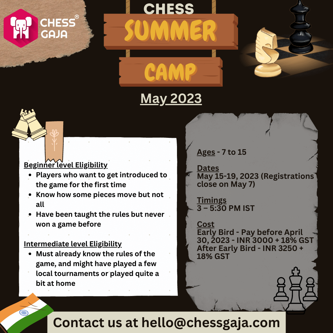 ChessGaja's tweet photo. Looking for an exciting and enriching way to spend your summer? Join Indian Summer Chess Camp for intermediates!
#onlinechessummercamp #funlearning #onlinesummerchesscamp #summercamp #summercamp23 #chesscourse #ChessGaja #hobbiesareimportant #HobbiesAtHome https://t.co/4hBfJcgVaM