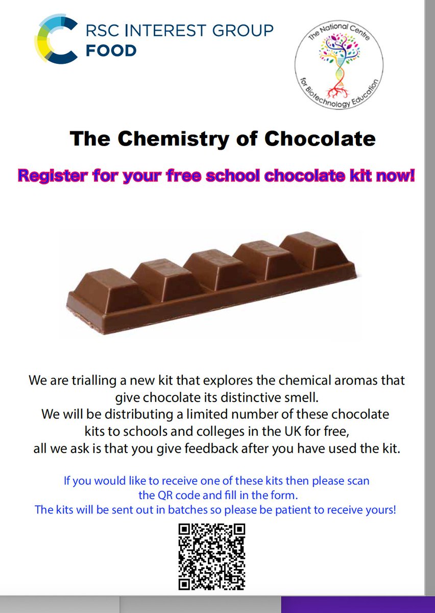 We are very excited to announce that for British science week… the registration for our free chocolate kit is now open!!! Scan the QR code and register your school to receive your kit, numbers are limited! #RoySocChem #foodscience #JKP27 #chemistry